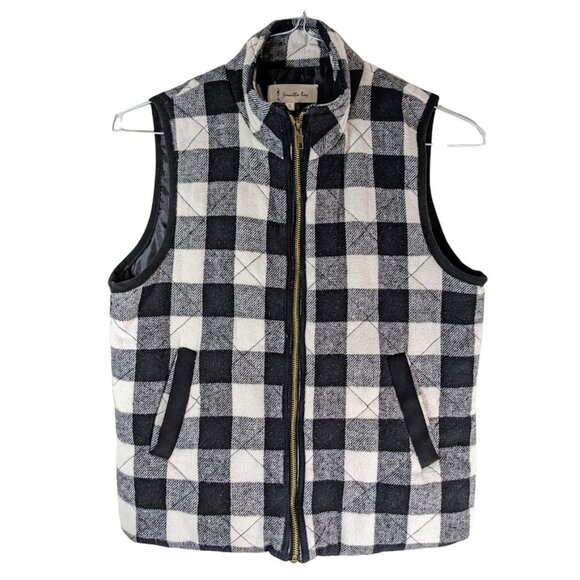 Vanilla Sky Womens Size S Puffer Quilted Plaid Vest Zip Up Black White - Picture 1 of 7